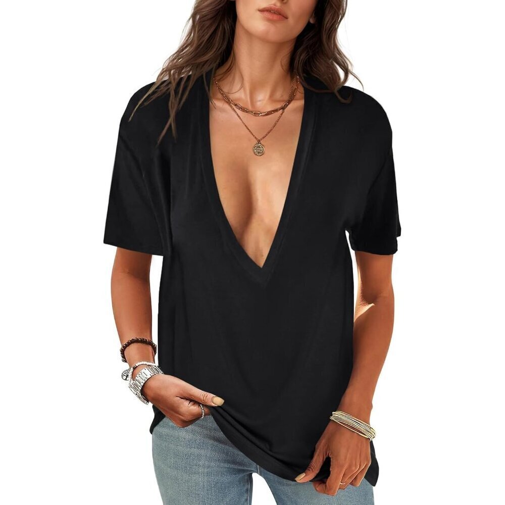Womens Deep V-Neck T Shirt Short Sleeve Casual Summer Top Large